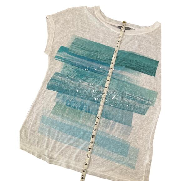Daisy Fuentes White and Blue Graphic Ocean Sequin T-Shirt Size Large - Picture 3 of 7
